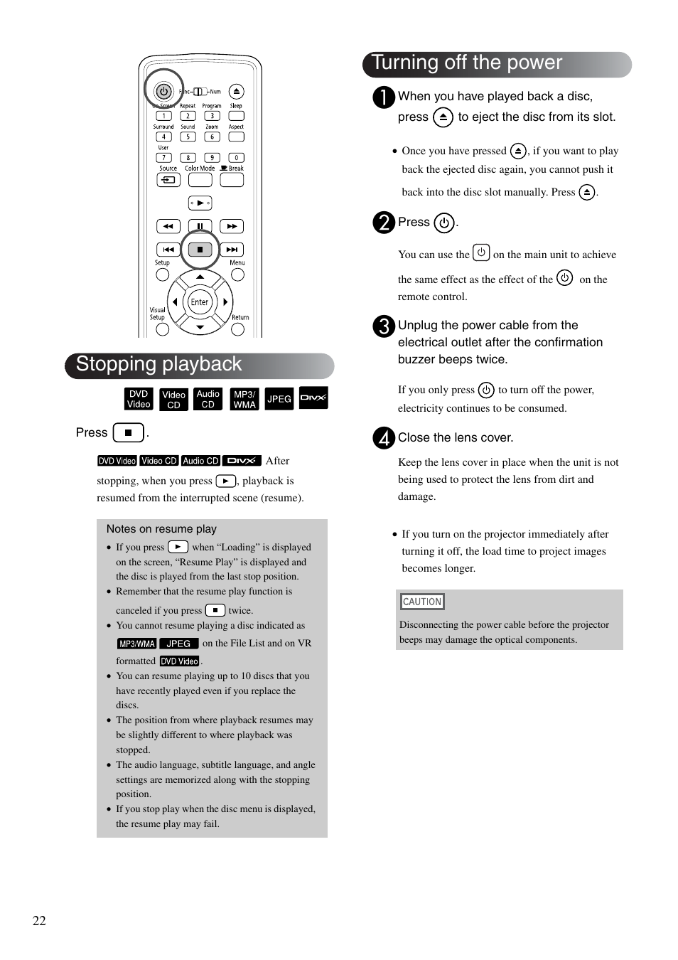 Stopping playback, Turning off the power, P. 22 | Sp. 22 | Epson DREAMIO EH-DM3 User Manual | Page 24 / 85