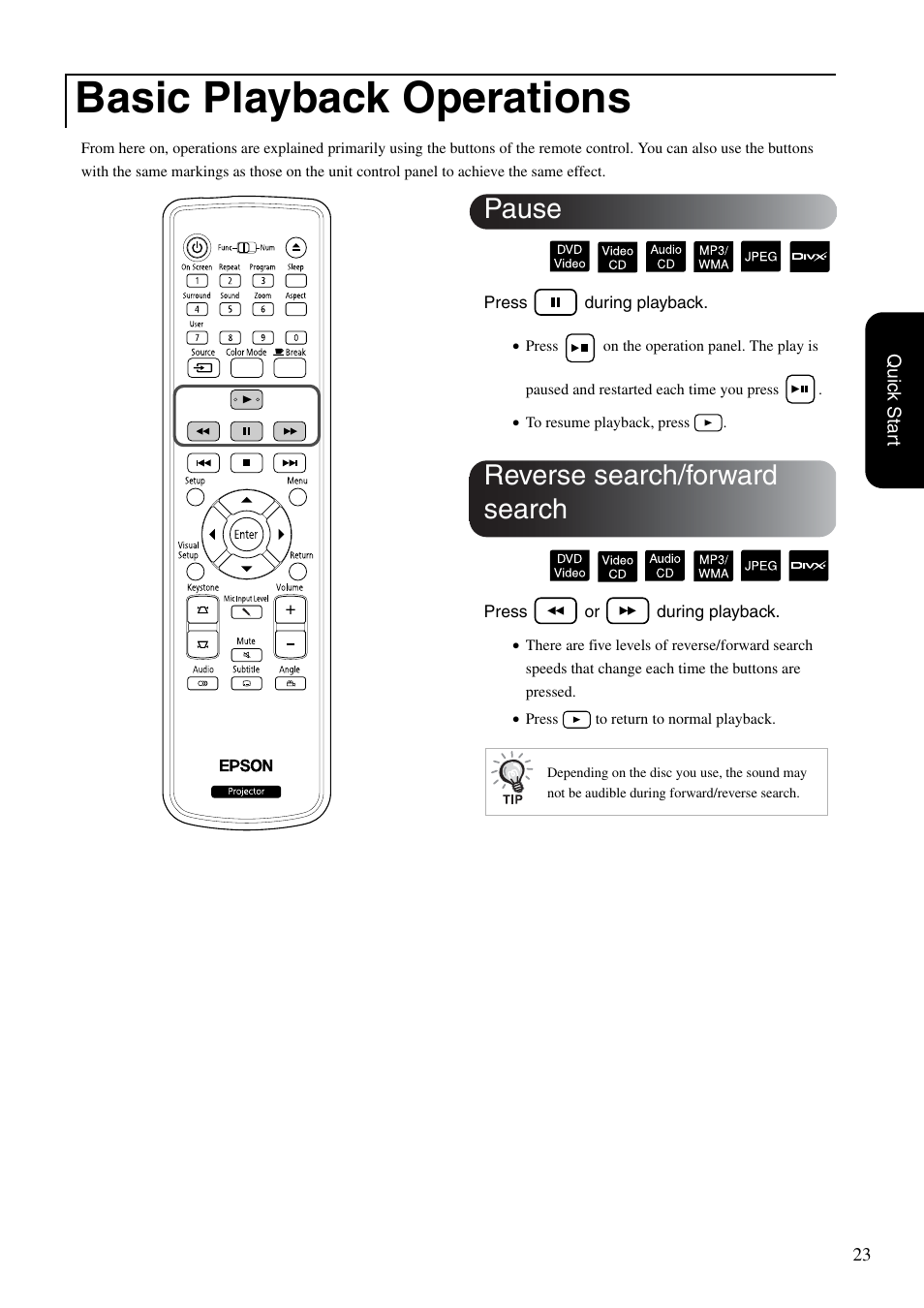 Basic playback operations, Pause, Reverse search/forward search | Sp. 23, Pause reverse search/forward search | Epson DREAMIO EH-DM3 User Manual | Page 25 / 85