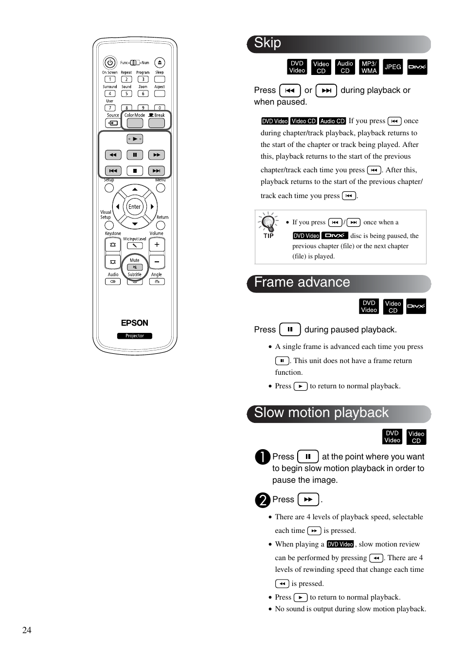 Skip, Frame advance, Slow motion playback | Sp. 24, Skip frame advance slow motion playback | Epson DREAMIO EH-DM3 User Manual | Page 26 / 85
