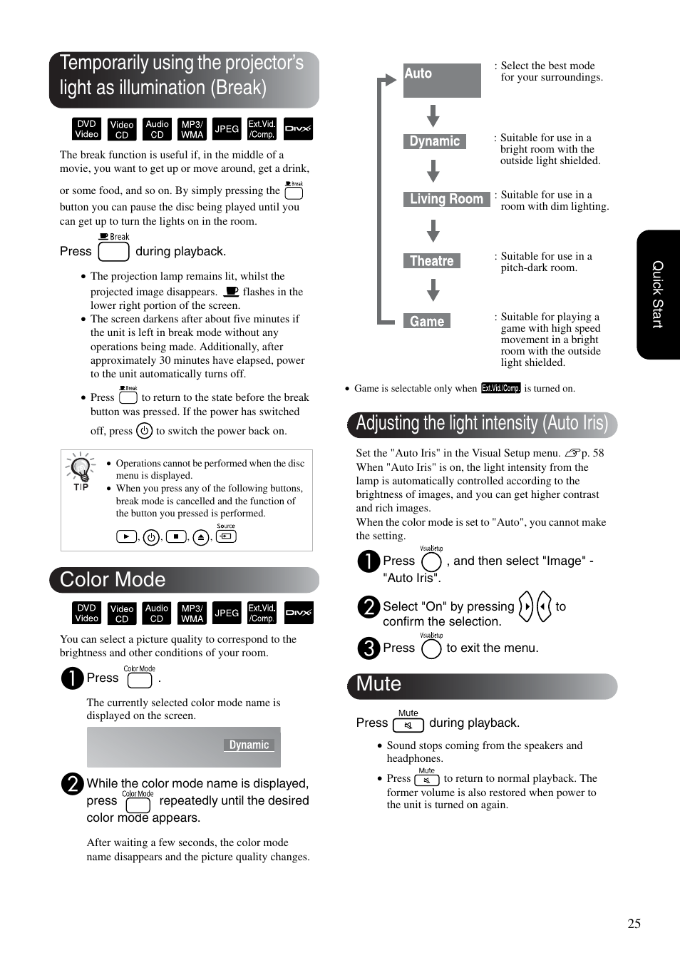 Color mode, Adjusting the light intensity (auto iris), Mute | P. 25, Sp. 25, Adjusting the light intensity (auto iris) mute | Epson DREAMIO EH-DM3 User Manual | Page 27 / 85