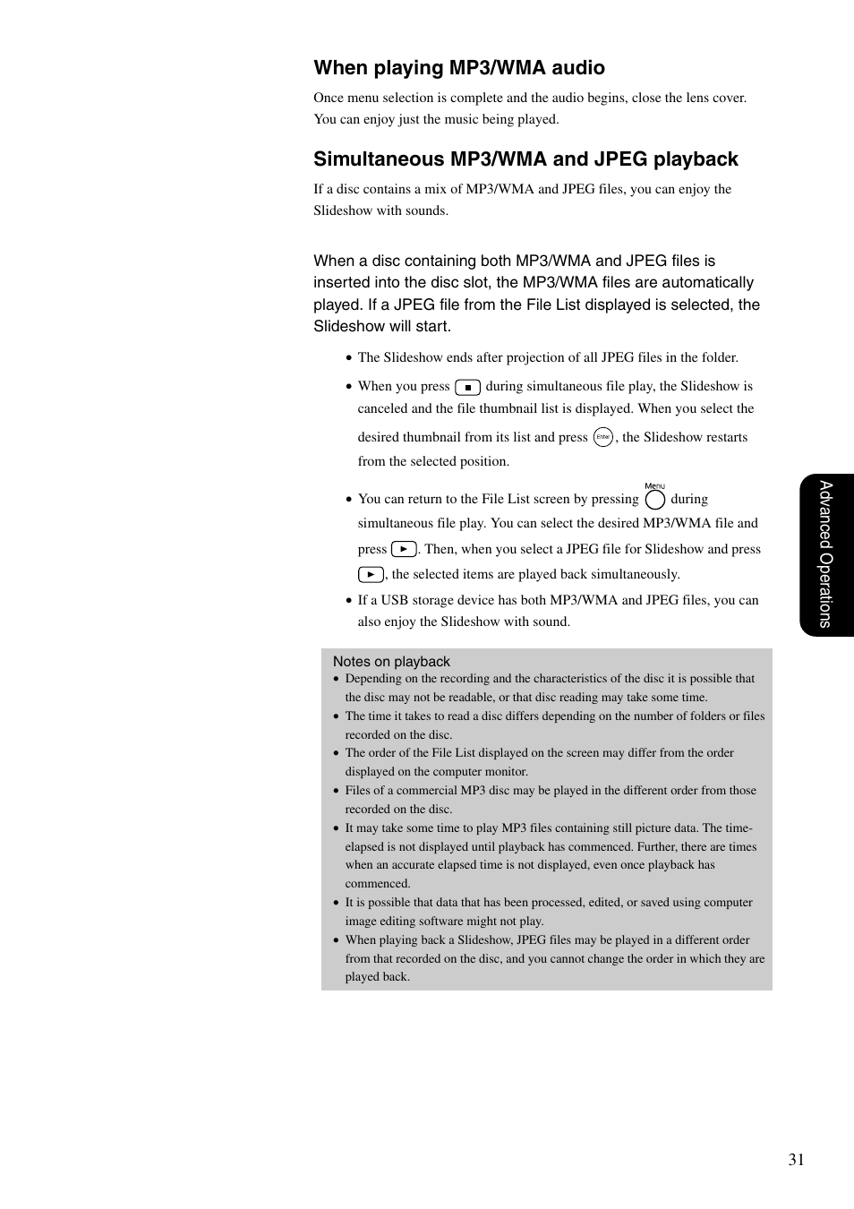 When playing mp3/wma audio, Simultaneous mp3/wma and jpeg playback, 31 adv anced oper ations | Epson DREAMIO EH-DM3 User Manual | Page 33 / 85