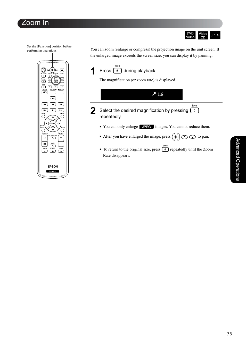 Zoom in, Sp. 35 | Epson DREAMIO EH-DM3 User Manual | Page 37 / 85