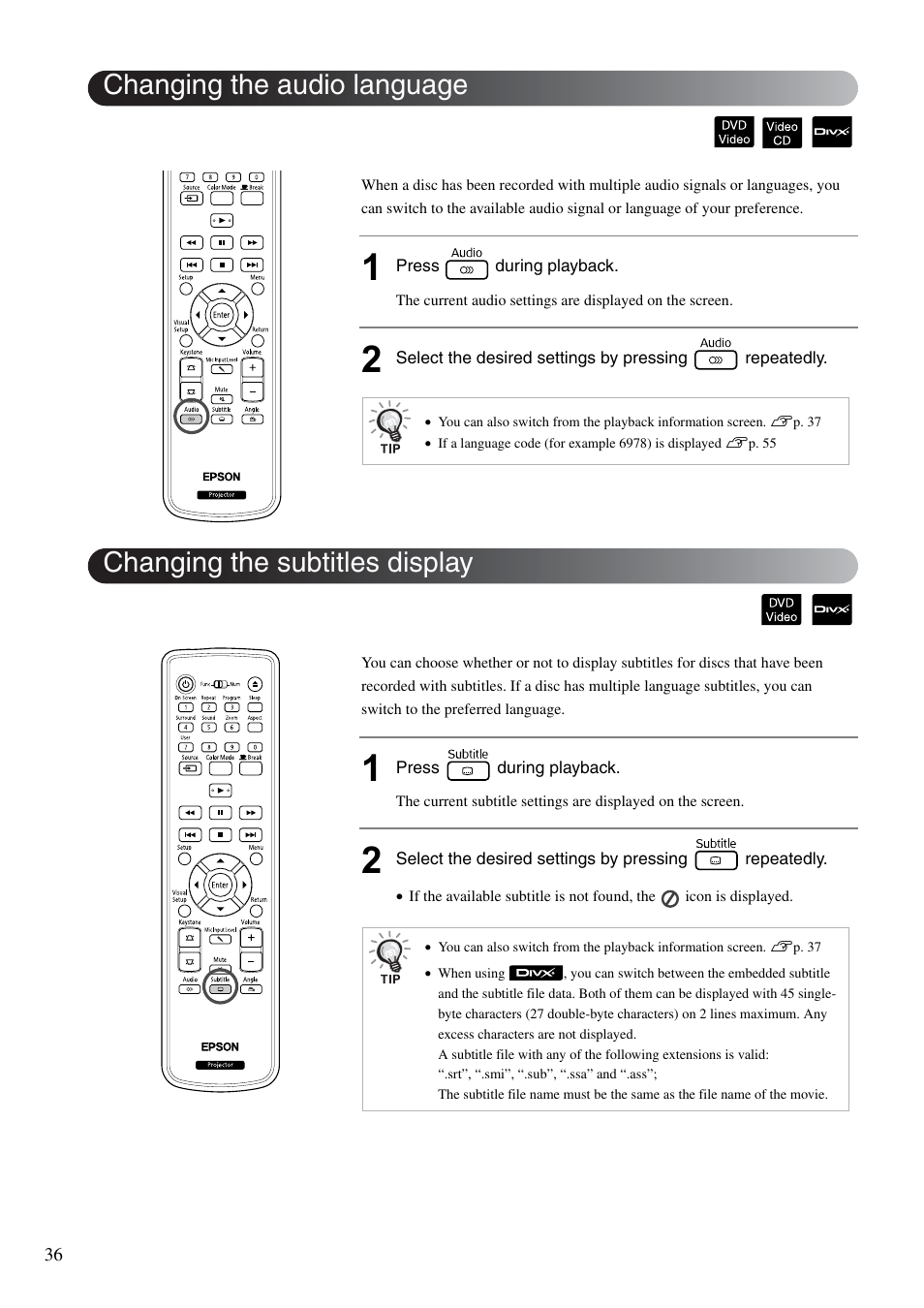 Changing the audio language, Changing the subtitles display, Sp. 36 | Epson DREAMIO EH-DM3 User Manual | Page 38 / 85