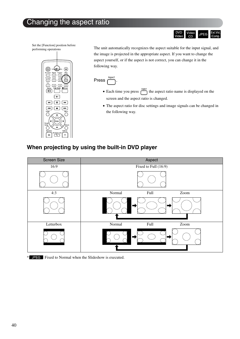 Changing the aspect ratio, Sp. 40, When projecting by using the built-in dvd player | Epson DREAMIO EH-DM3 User Manual | Page 42 / 85