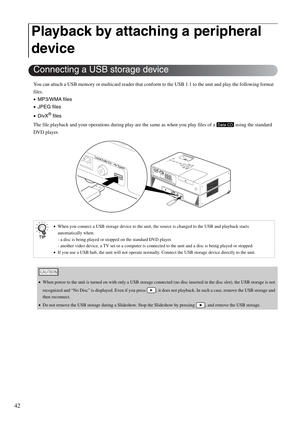 Playback by attaching a peripheral device, Connecting a usb storage device, Ages | P. 42 | Epson DREAMIO EH-DM3 User Manual | Page 44 / 85