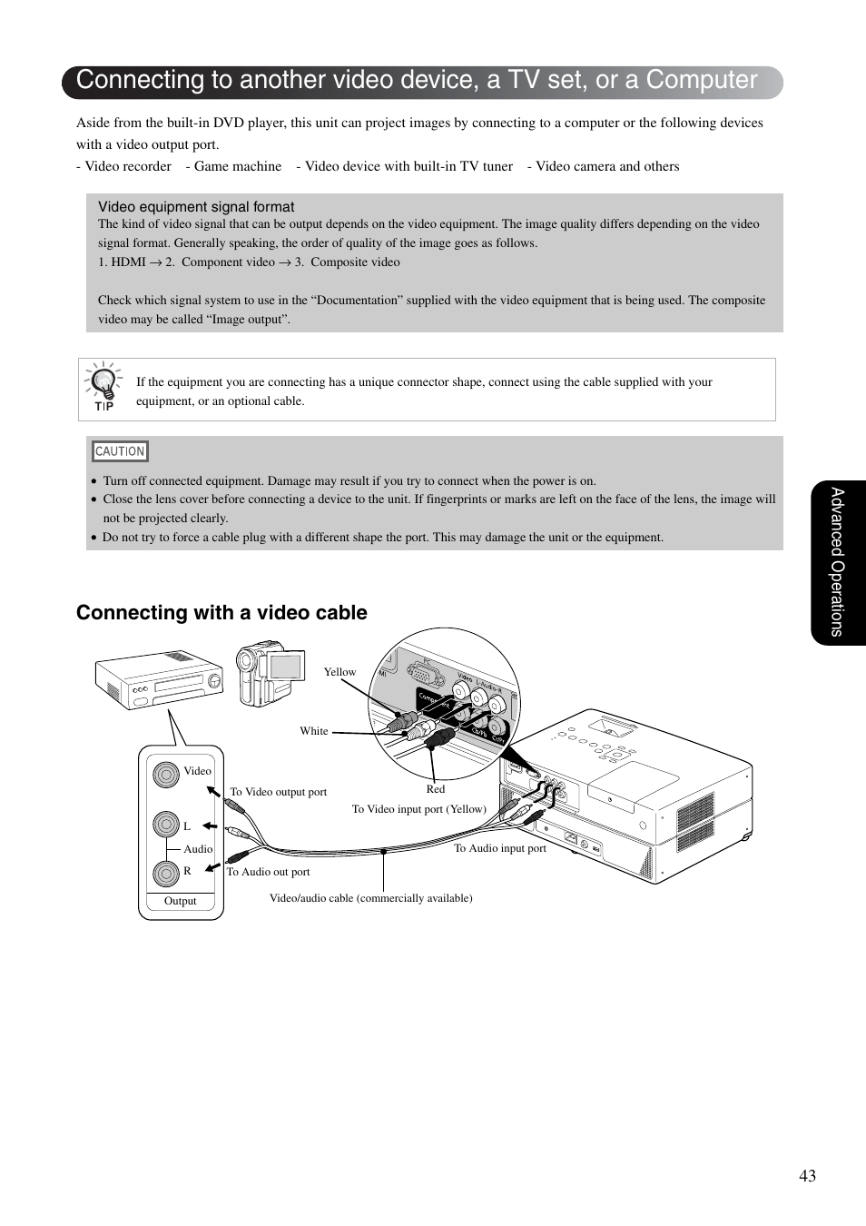 P. 43, Vice, Connecting with a video cable | 43 adv anced oper ations | Epson DREAMIO EH-DM3 User Manual | Page 45 / 85