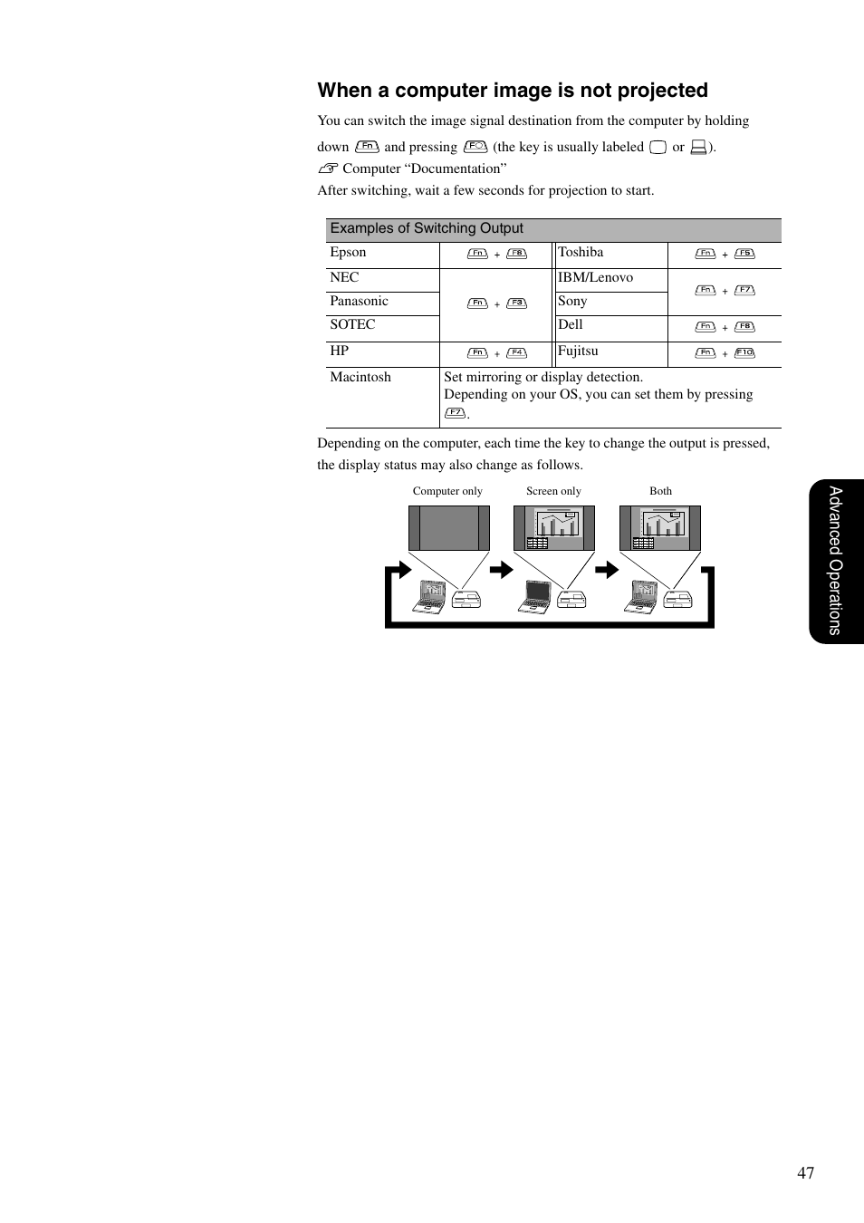 When a computer image is not projected, 47 adv anced oper ations | Epson DREAMIO EH-DM3 User Manual | Page 49 / 85