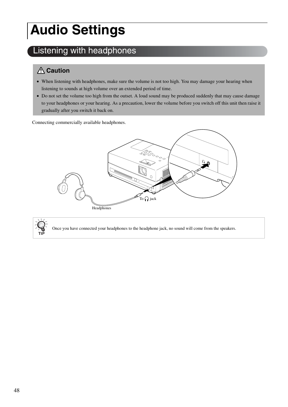 Audio settings, Listening with headphones, P. 48 | Epson DREAMIO EH-DM3 User Manual | Page 50 / 85
