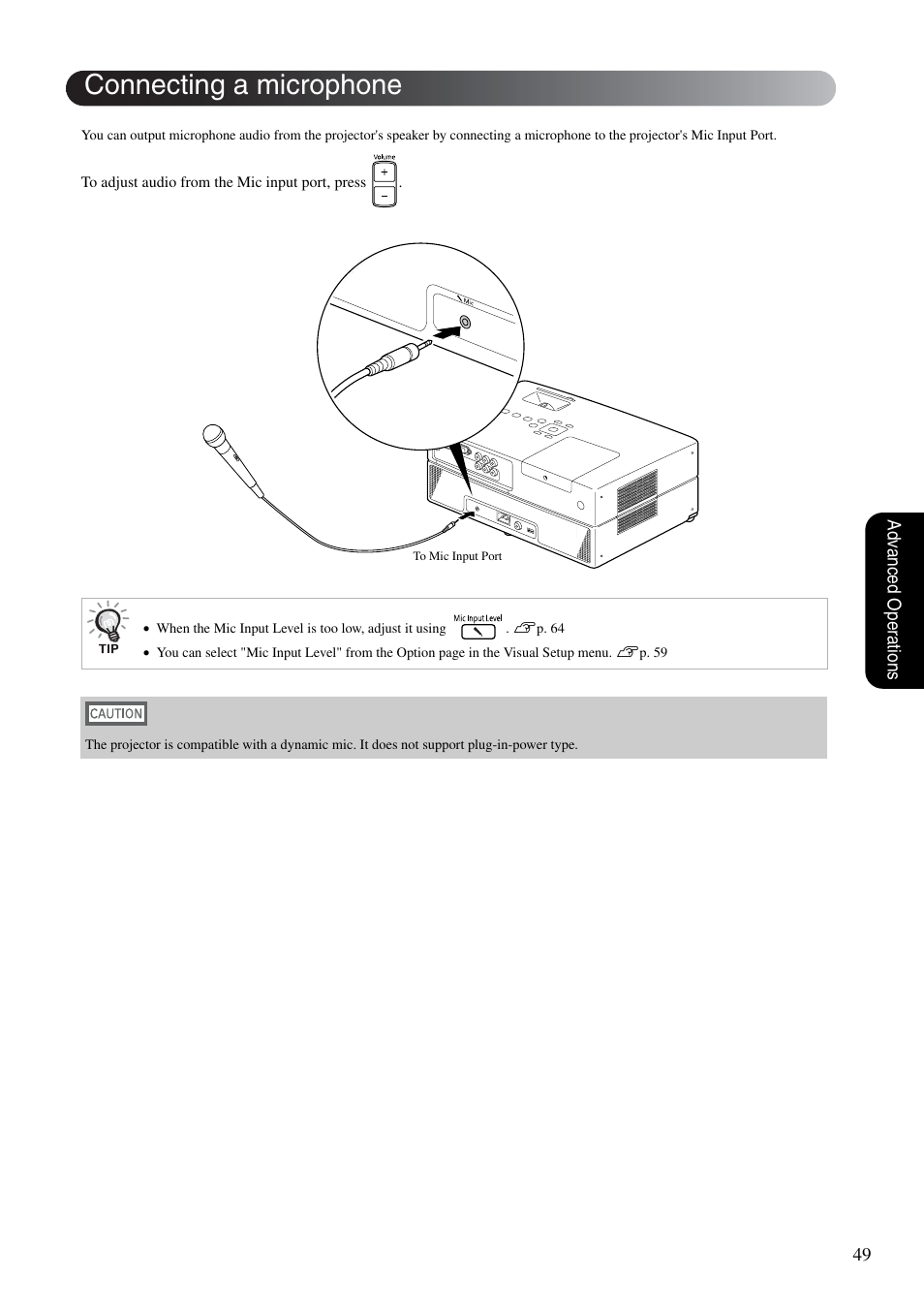 Connecting a microphone, P. 49 | Epson DREAMIO EH-DM3 User Manual | Page 51 / 85