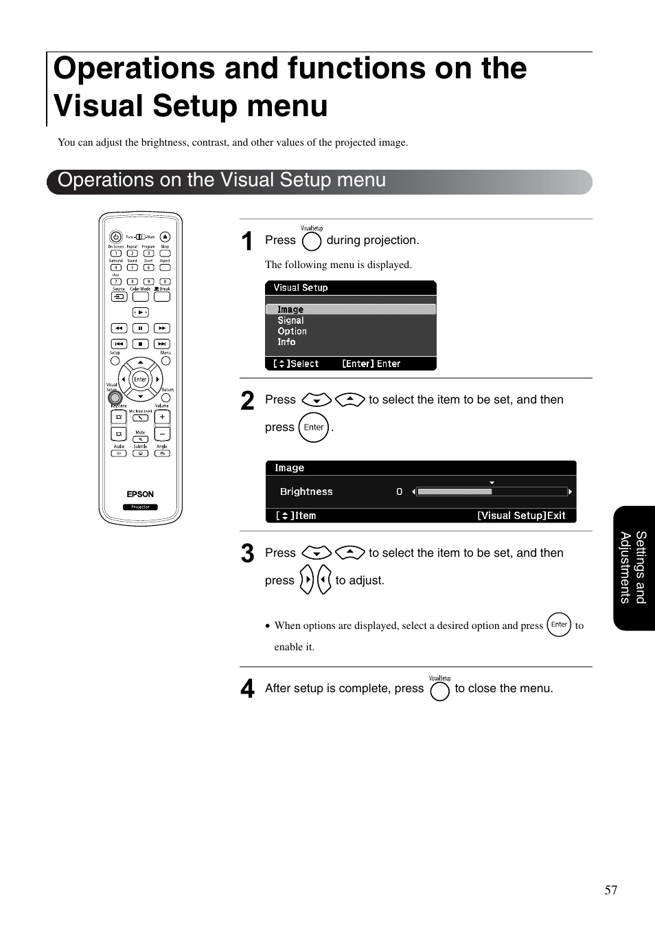 Operations and functions on the visual setup menu, Operations on the visual setup menu, Sp. 57 | Epson DREAMIO EH-DM3 User Manual | Page 59 / 85