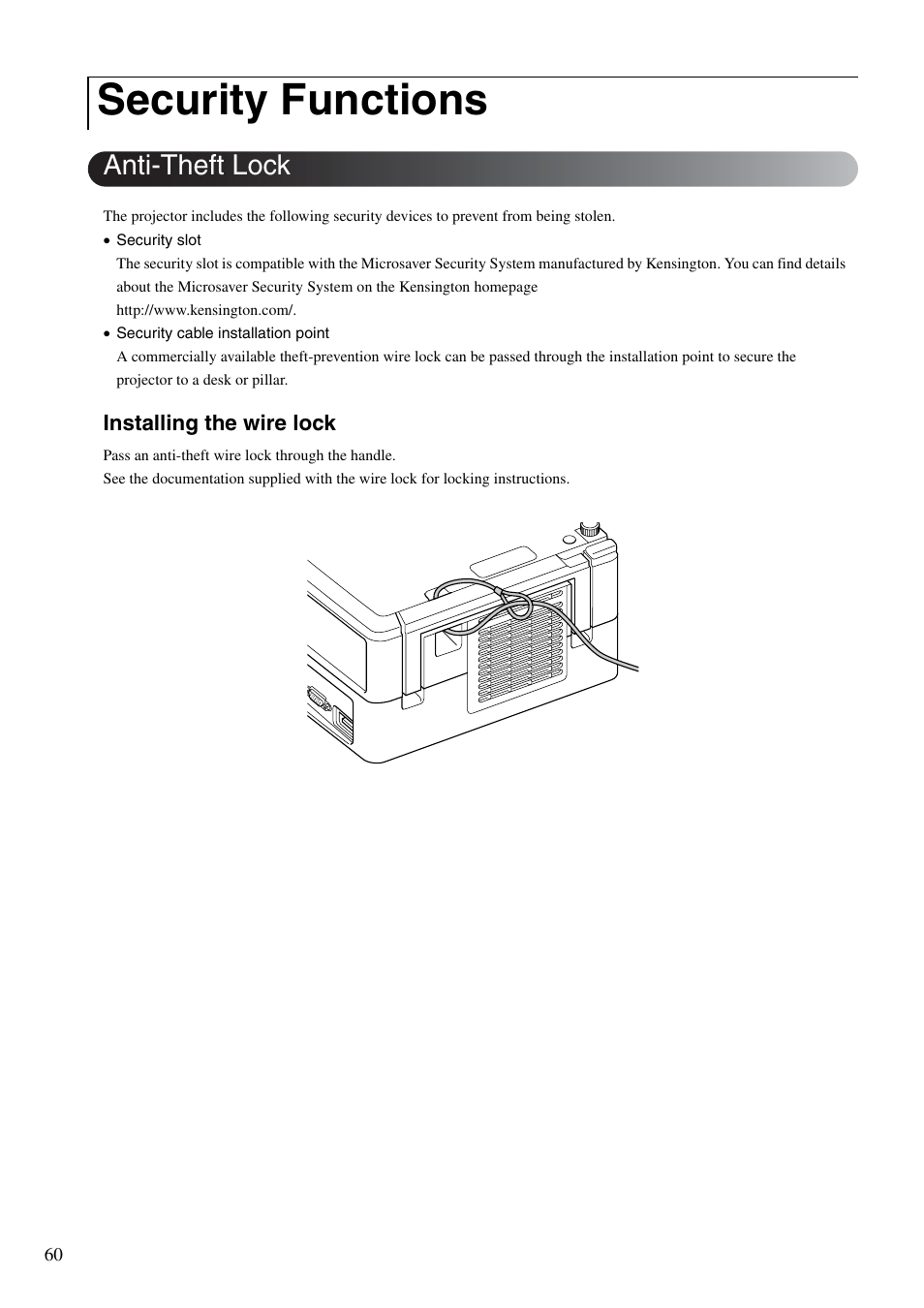 Security functions, Anti-theft lock, It in place | P. 60 | Epson DREAMIO EH-DM3 User Manual | Page 62 / 85