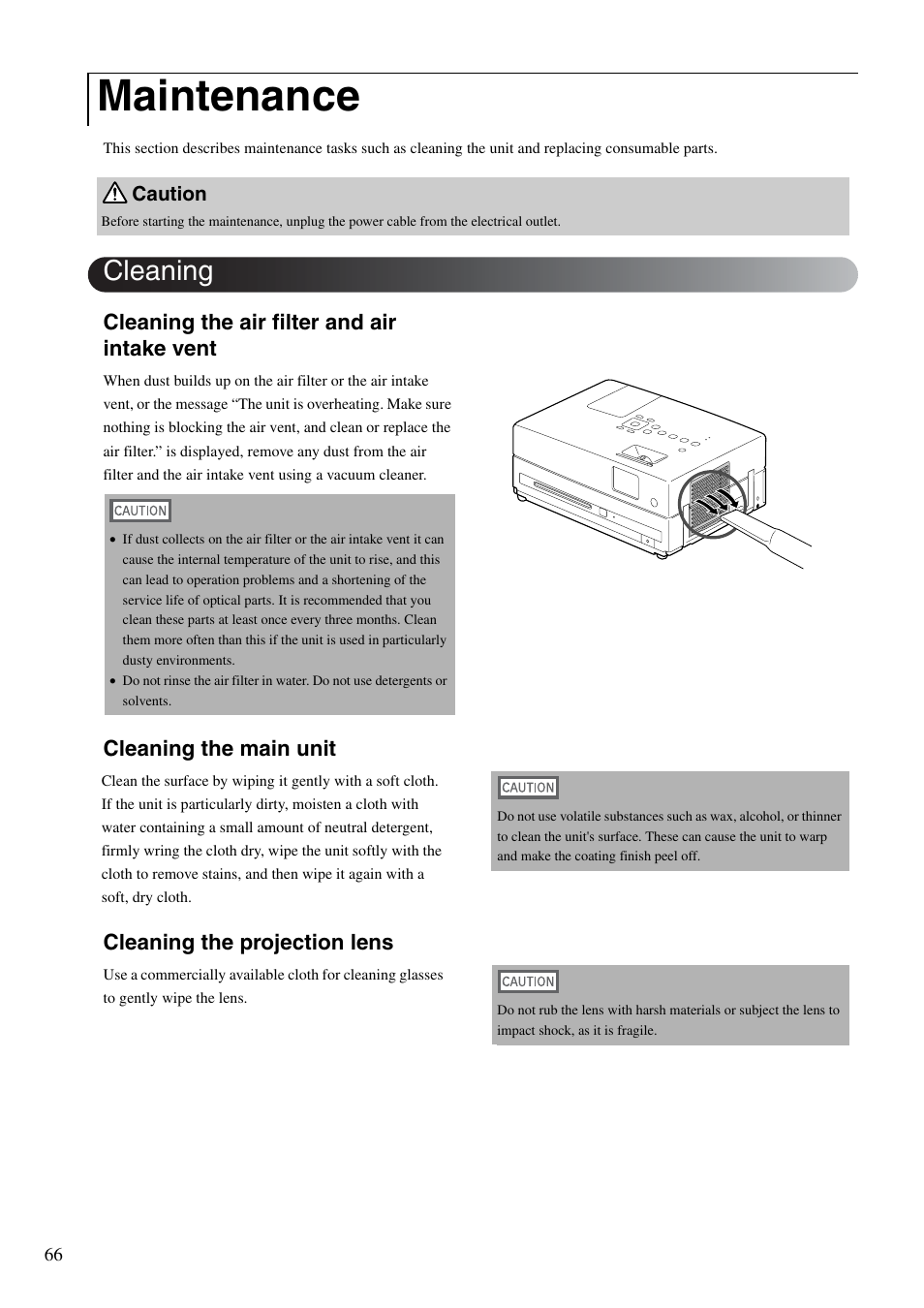 Maintenance, Cleaning, P. 66 | Cleaning the air filter and air intake vent | Epson DREAMIO EH-DM3 User Manual | Page 68 / 85