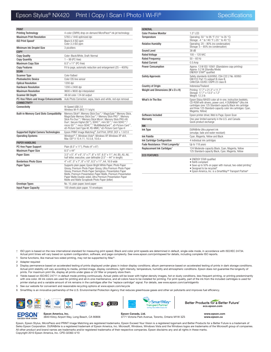 Epson stylus, Nx420 print | copy | scan | photo | wi-fi, Specifications | Epson Stylus NX420 User Manual | Page 2 / 2