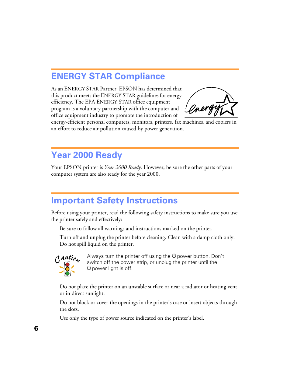Energy star compliance, Year 2000 ready, Important safety instructions | Compliance, Nergy | Epson Stylus Color 760/860 User Manual | Page 12 / 74