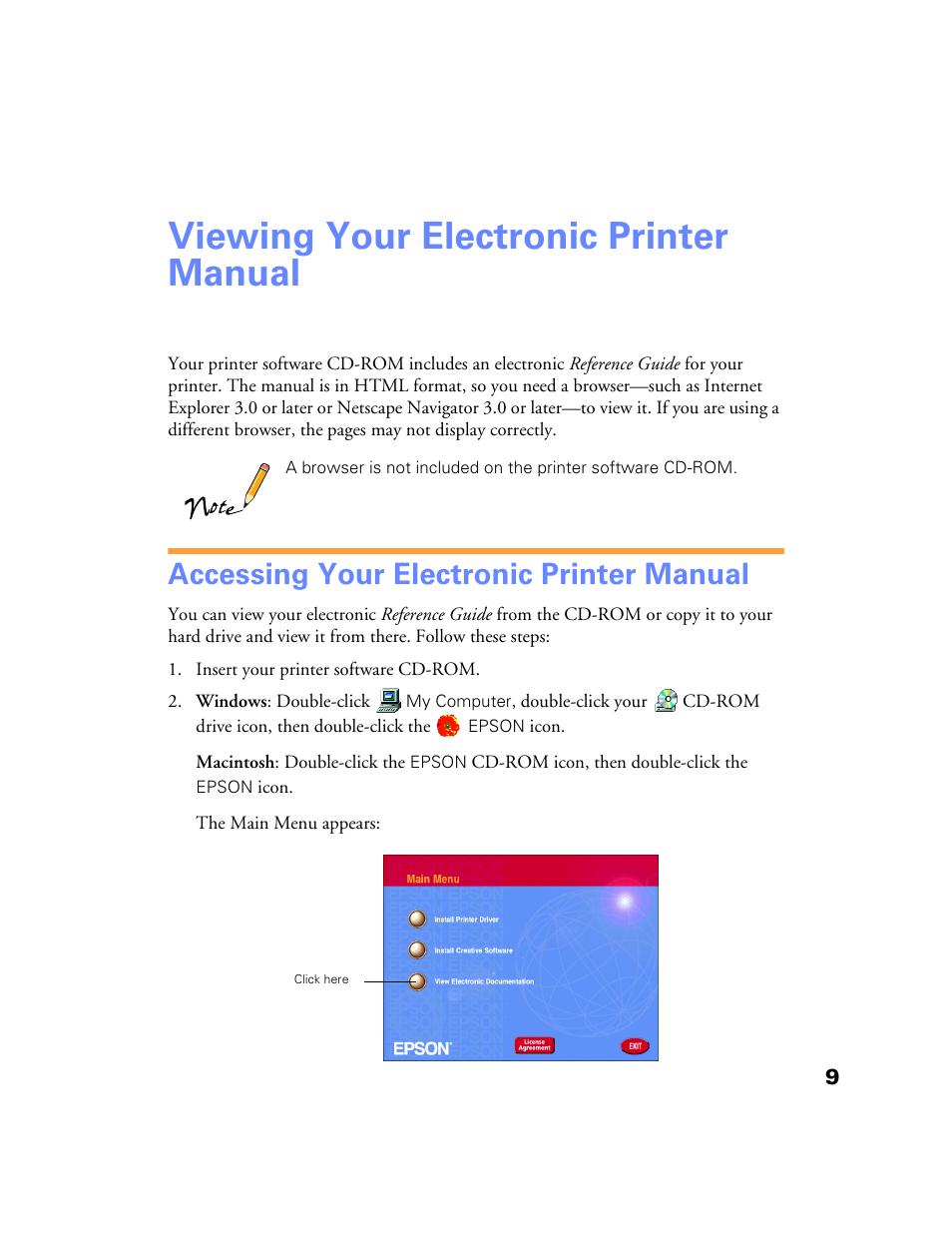 Viewing your electronic printer manual, Accessing your electronic printer manual | Epson Stylus Color 760/860 User Manual | Page 15 / 74