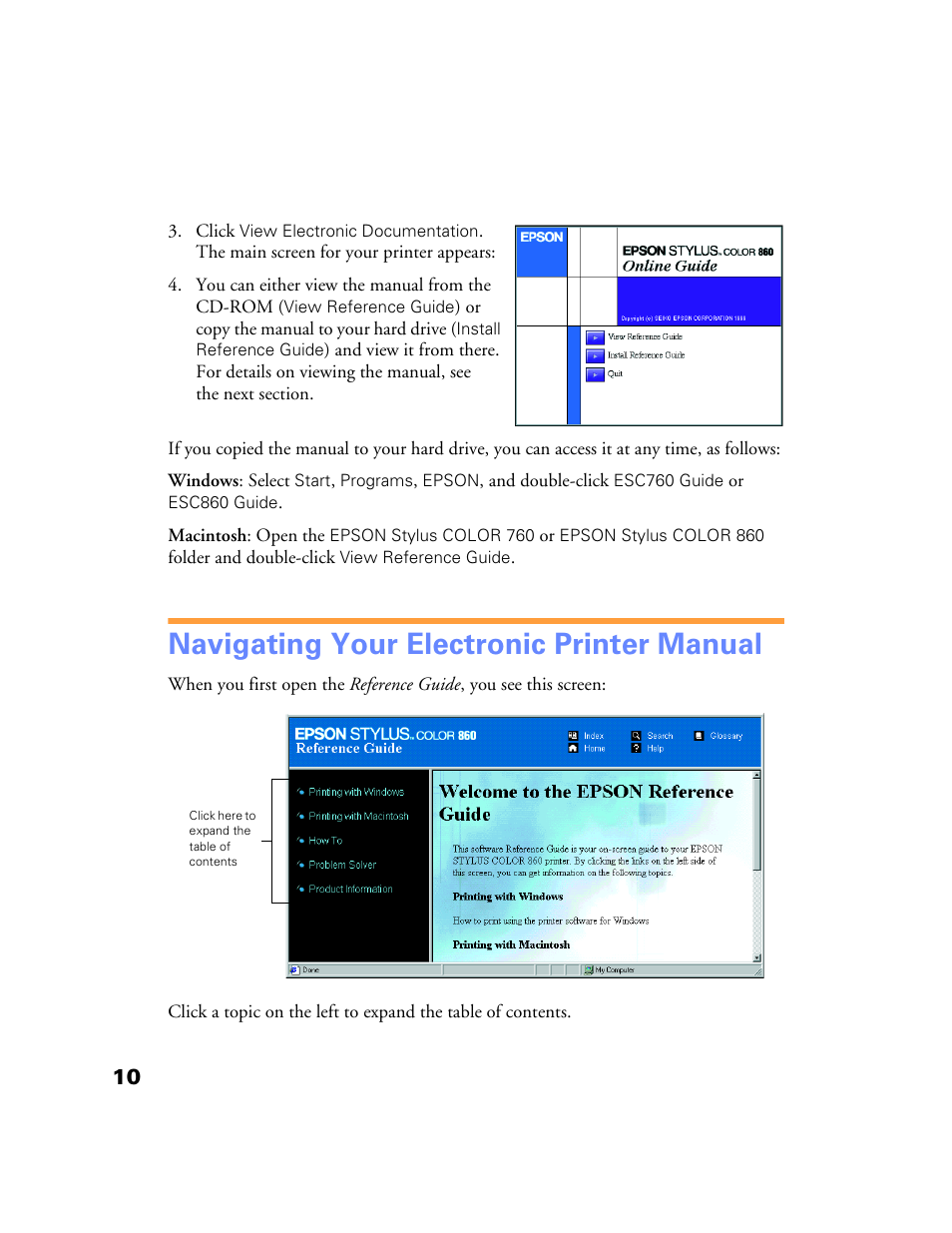 Navigating your electronic printer manual | Epson Stylus Color 760/860 User Manual | Page 16 / 74