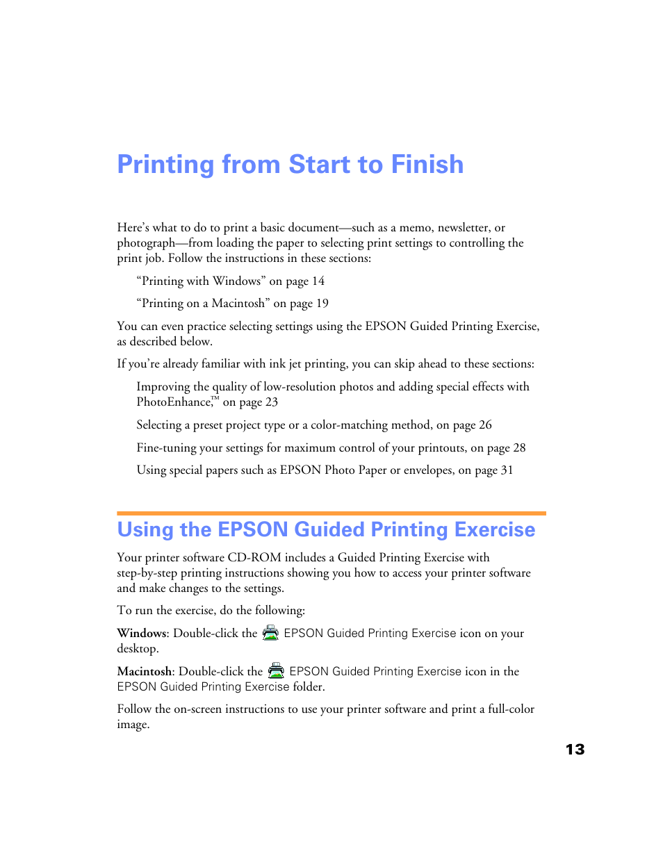 Printing from start to finish, Using the epson guided printing exercise | Epson Stylus Color 760/860 User Manual | Page 19 / 74