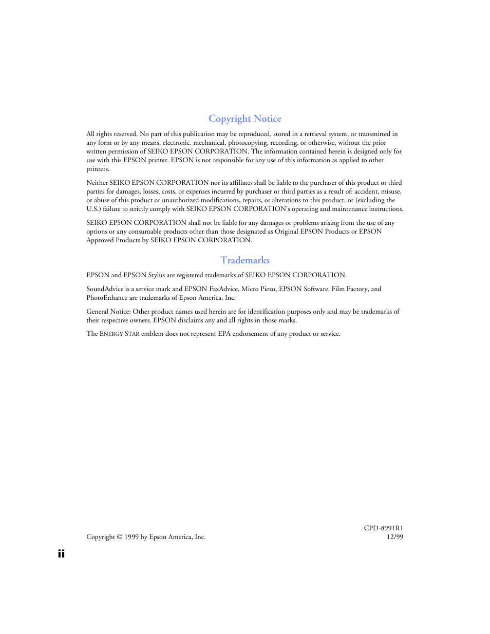 Copyright notice, Trademarks | Epson Stylus Color 760/860 User Manual | Page 2 / 74