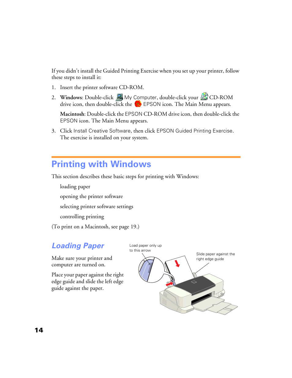 Printing with windows, Loading paper | Epson Stylus Color 760/860 User Manual | Page 20 / 74