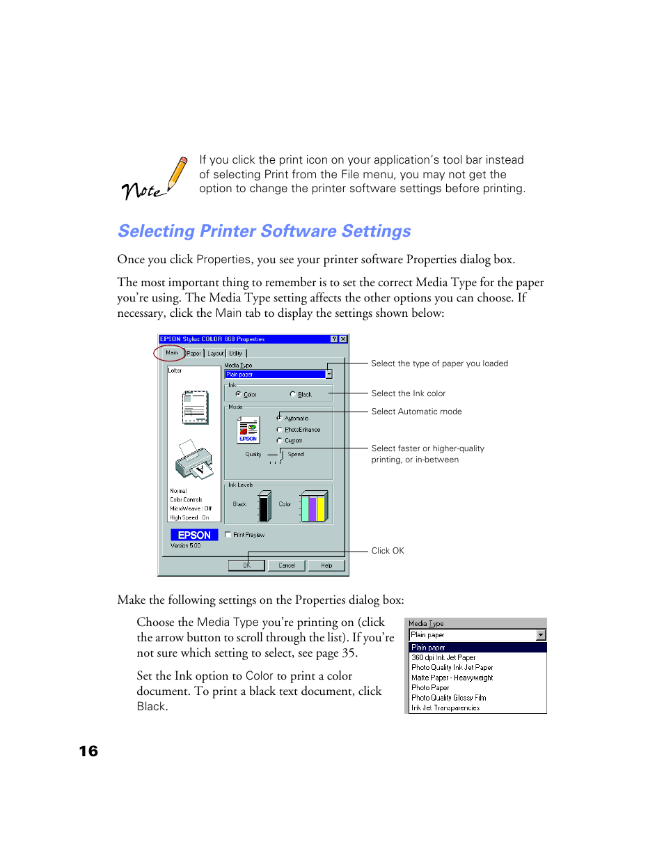 Selecting printer software settings | Epson Stylus Color 760/860 User Manual | Page 22 / 74