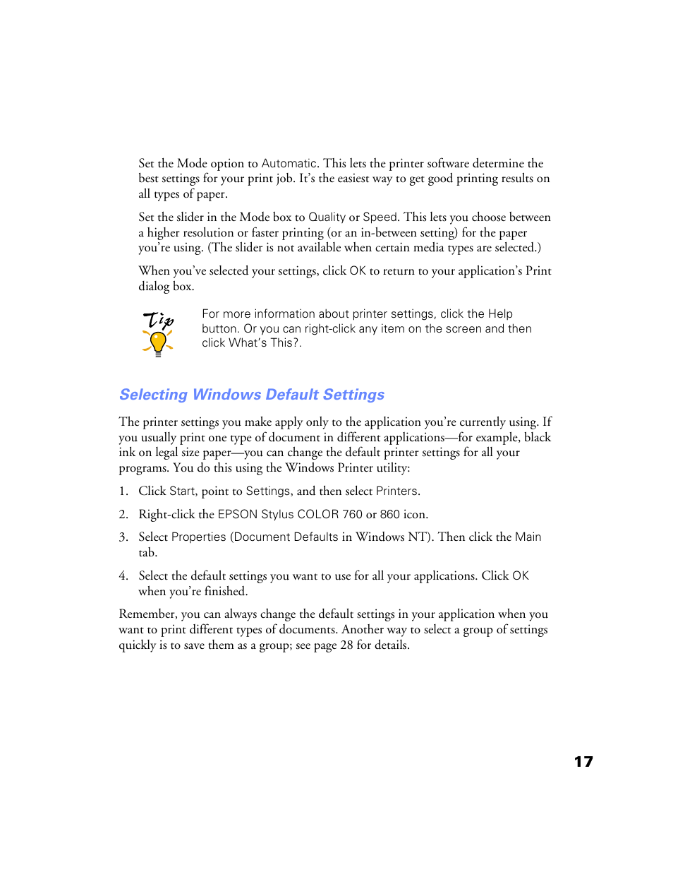 Selecting windows default settings | Epson Stylus Color 760/860 User Manual | Page 23 / 74