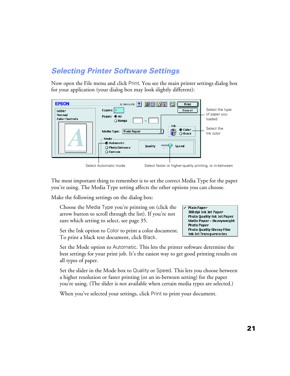 Selecting printer software settings | Epson Stylus Color 760/860 User Manual | Page 27 / 74