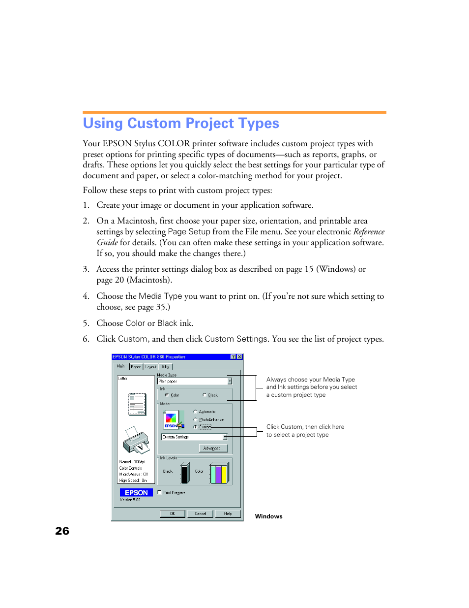 Using custom project types | Epson Stylus Color 760/860 User Manual | Page 32 / 74
