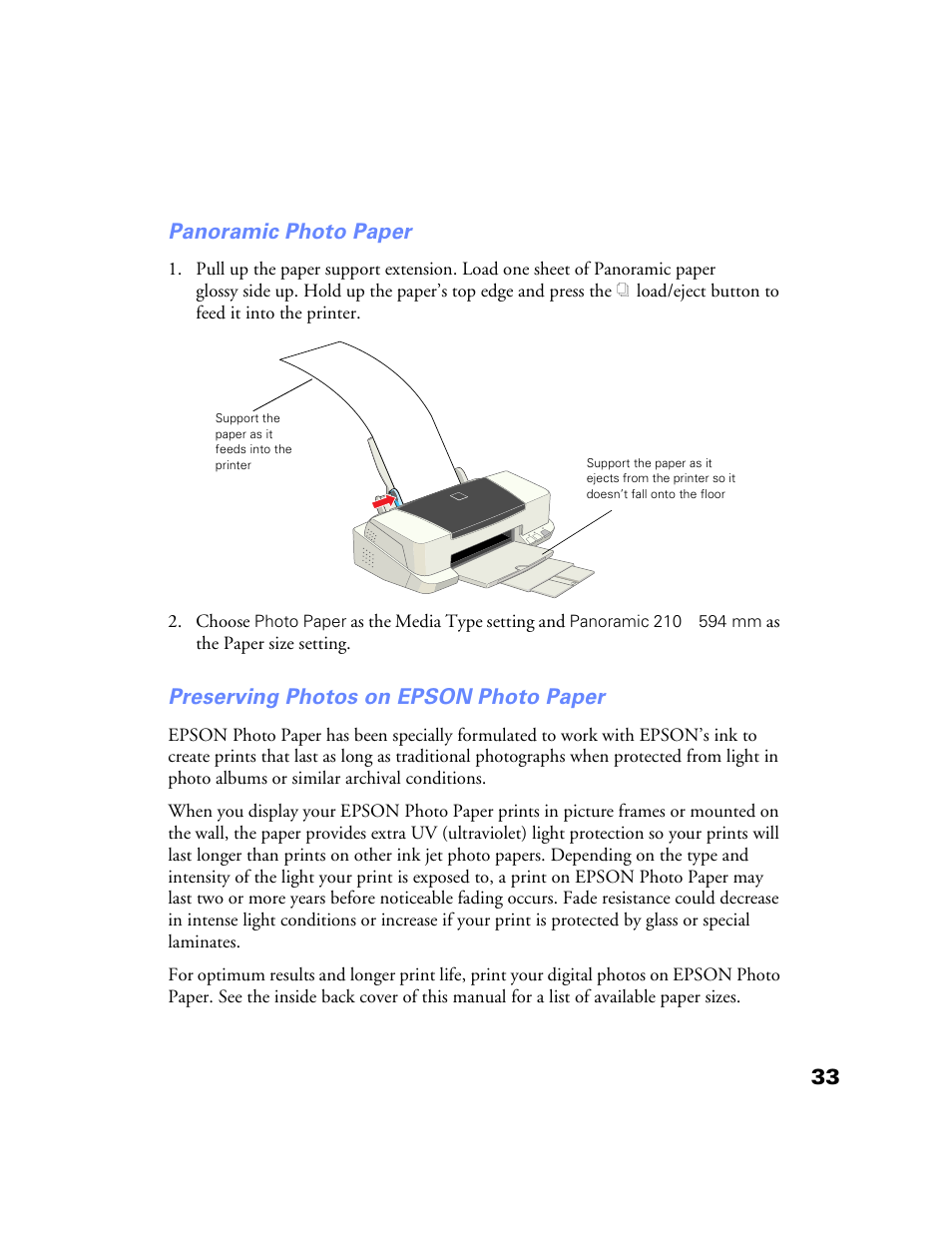 33 panoramic photo paper, Preserving photos on epson photo paper | Epson Stylus Color 760/860 User Manual | Page 39 / 74