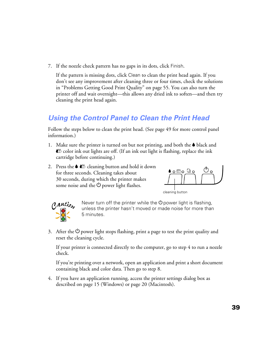 Using the control panel to clean the print head | Epson Stylus Color 760/860 User Manual | Page 45 / 74