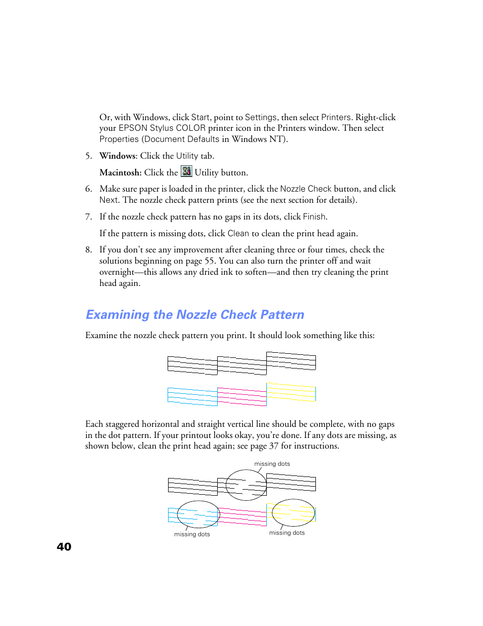 Examining the nozzle check pattern | Epson Stylus Color 760/860 User Manual | Page 46 / 74