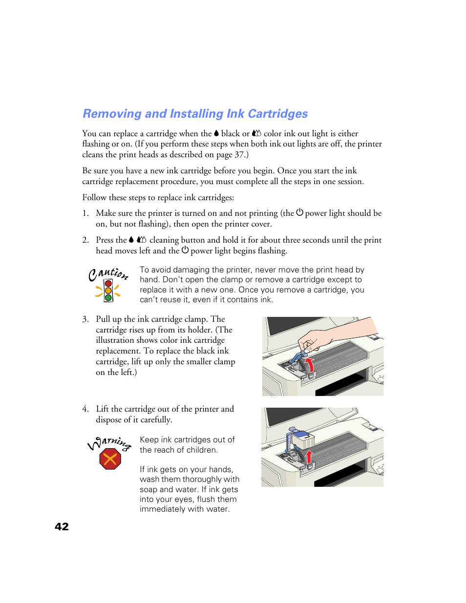 Removing and installing ink cartridges | Epson Stylus Color 760/860 User Manual | Page 48 / 74