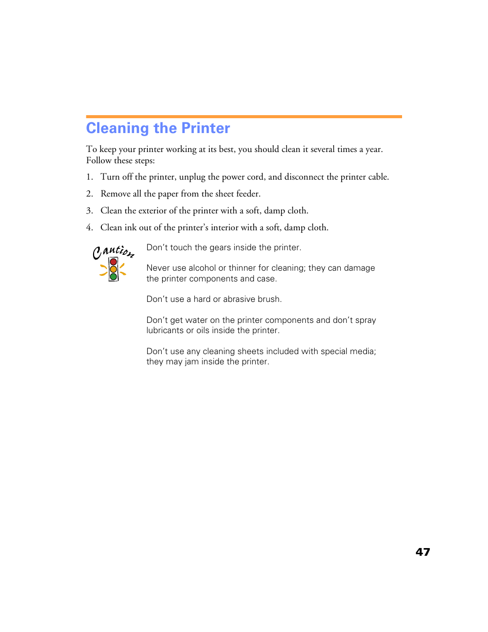 Cleaning the printer | Epson Stylus Color 760/860 User Manual | Page 53 / 74