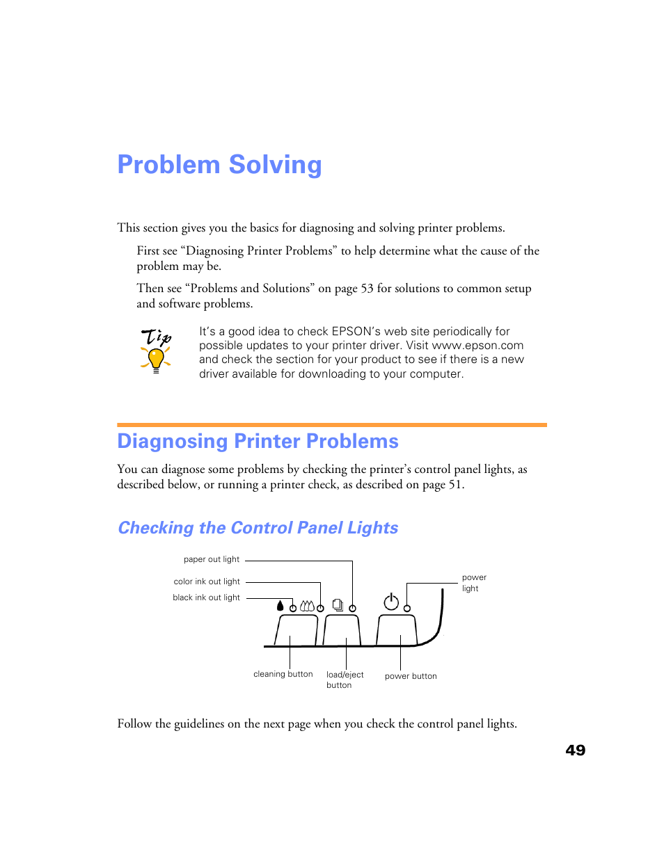 Problem solving, Diagnosing printer problems, Checking the control panel lights | Epson Stylus Color 760/860 User Manual | Page 55 / 74