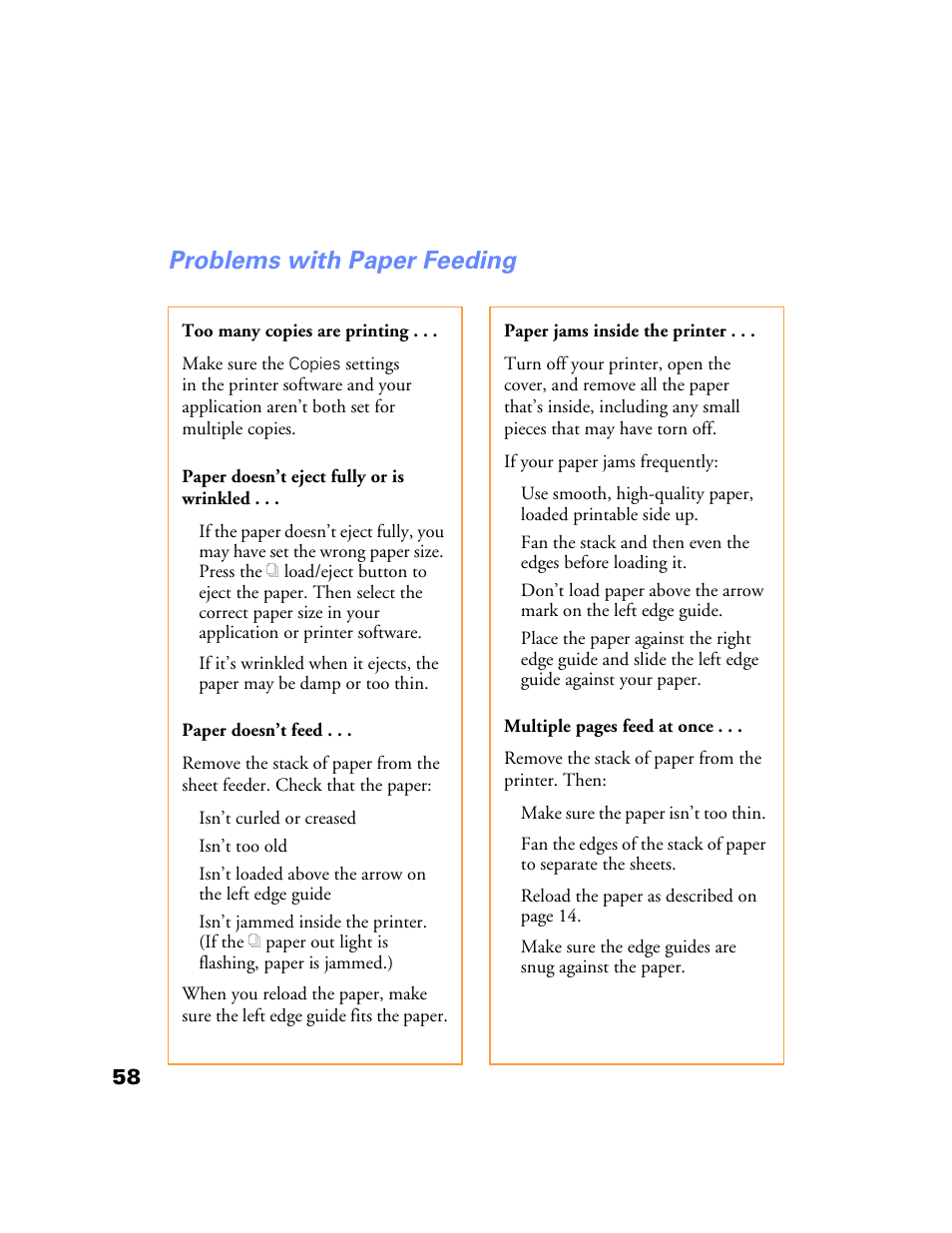 Problems with paper feeding | Epson Stylus Color 760/860 User Manual | Page 64 / 74