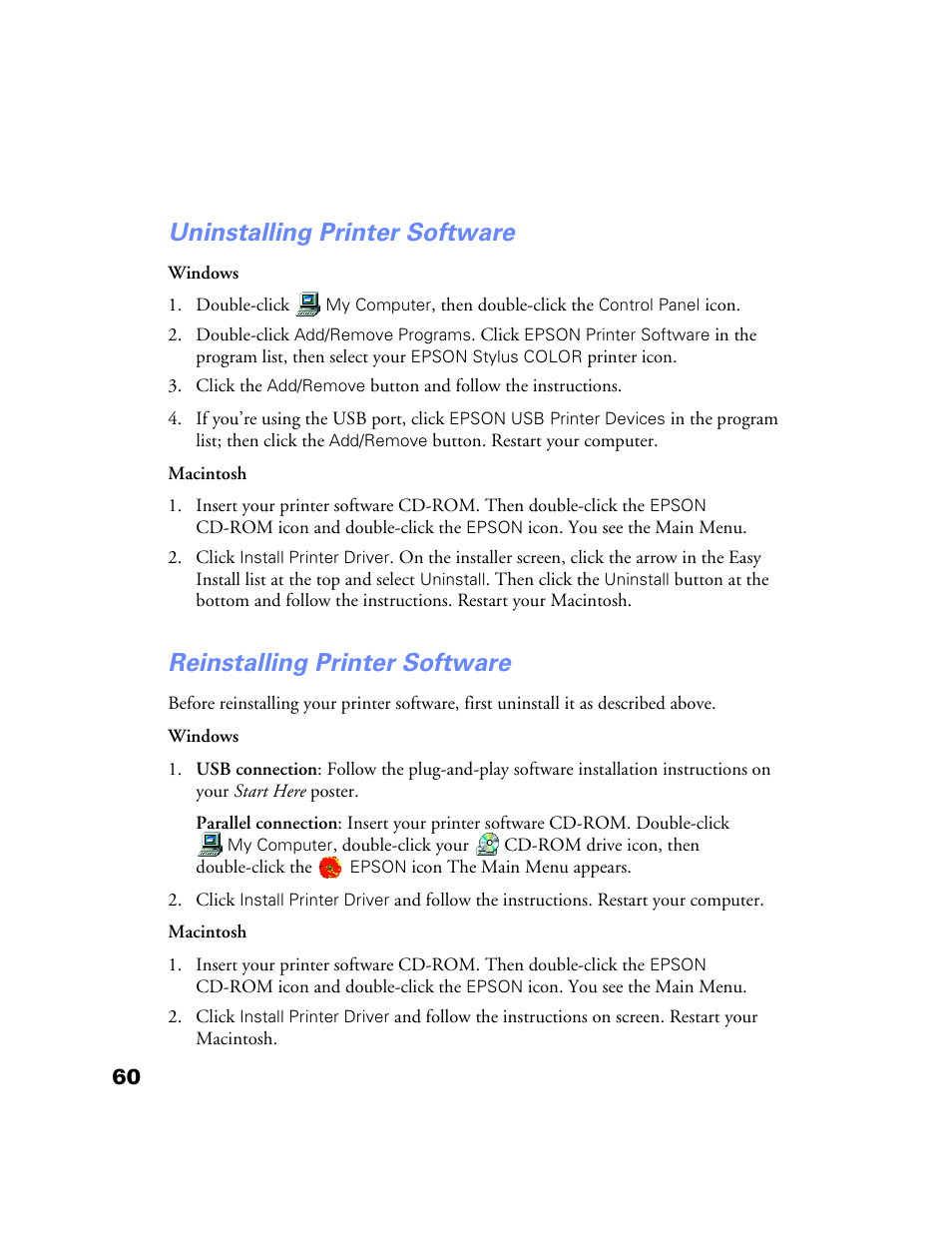 Uninstalling printer software, Reinstalling printer software | Epson Stylus Color 760/860 User Manual | Page 66 / 74