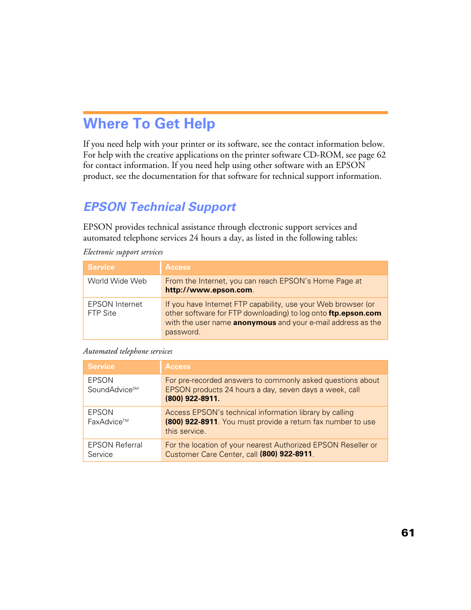 Where to get help, Epson technical support | Epson Stylus Color 760/860 User Manual | Page 67 / 74