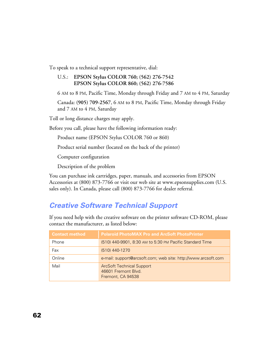 Creative software technical support | Epson Stylus Color 760/860 User Manual | Page 68 / 74