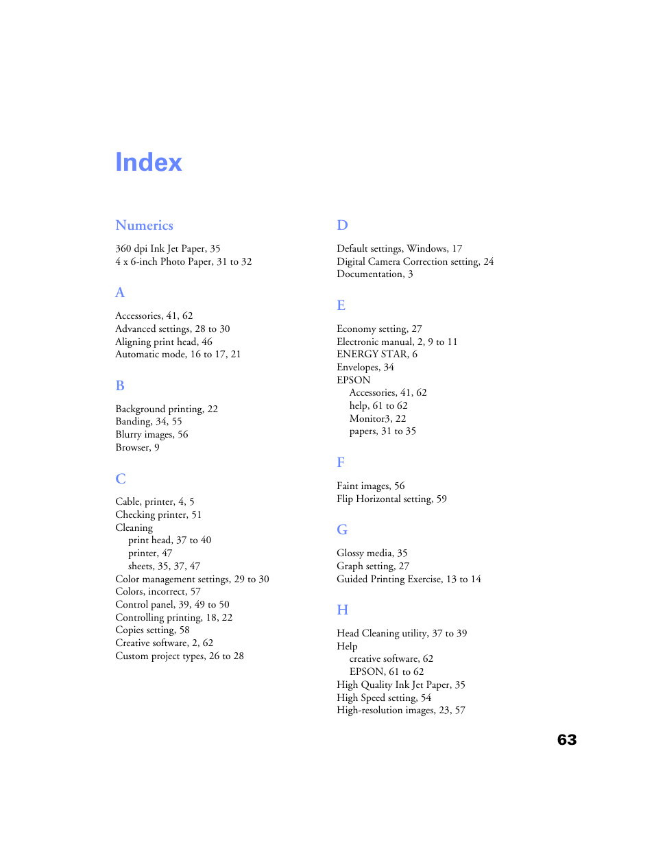 Index, Index 63 | Epson Stylus Color 760/860 User Manual | Page 69 / 74