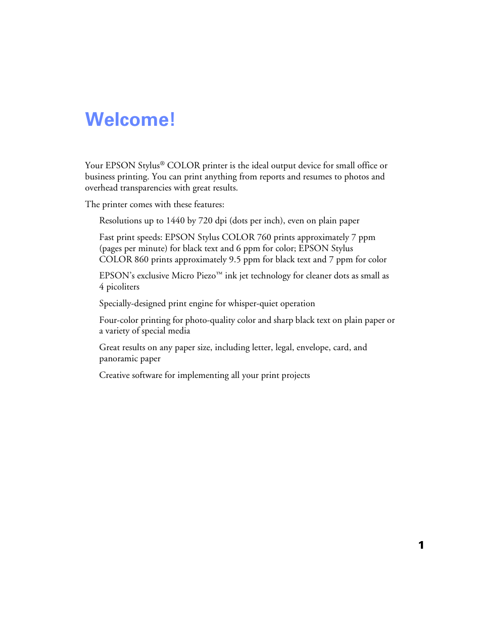 Welcome, Welcome! 1 | Epson Stylus Color 760/860 User Manual | Page 7 / 74