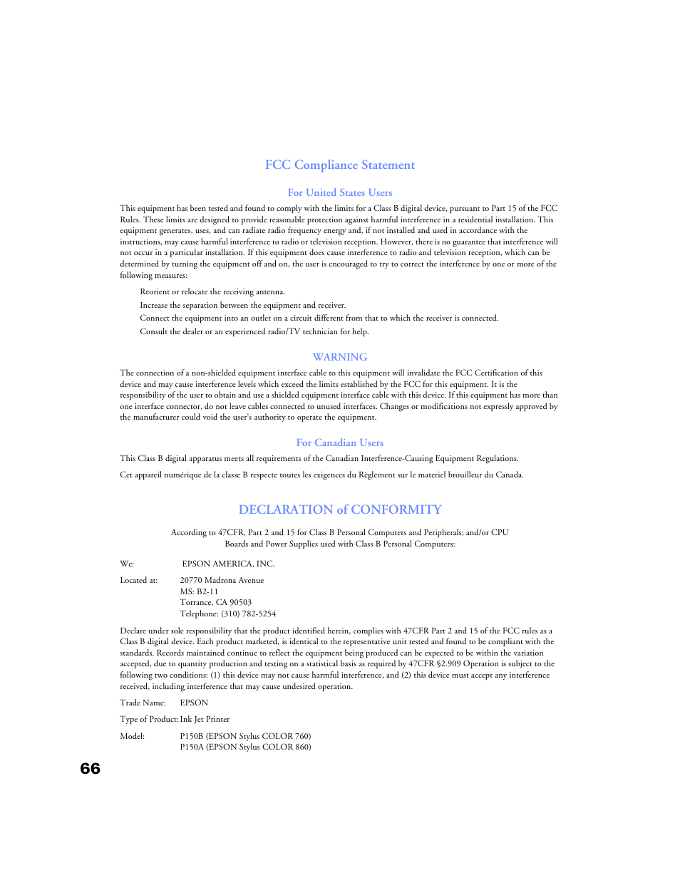 Fcc compliance statement, Declaration of conformity | Epson Stylus Color 760/860 User Manual | Page 72 / 74