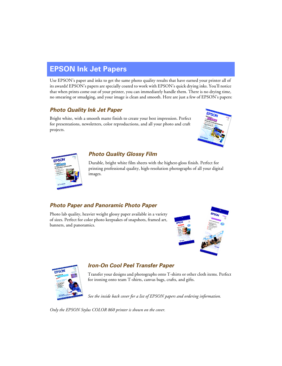Epson ink jet papers | Epson Stylus Color 760/860 User Manual | Page 73 / 74