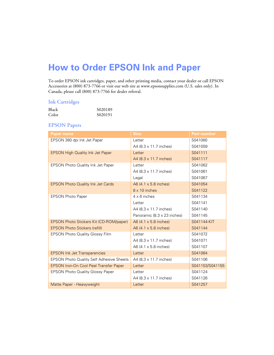 How to order epson ink and paper, Ink cartridges, Epson papers | Epson Stylus Color 760/860 User Manual | Page 74 / 74