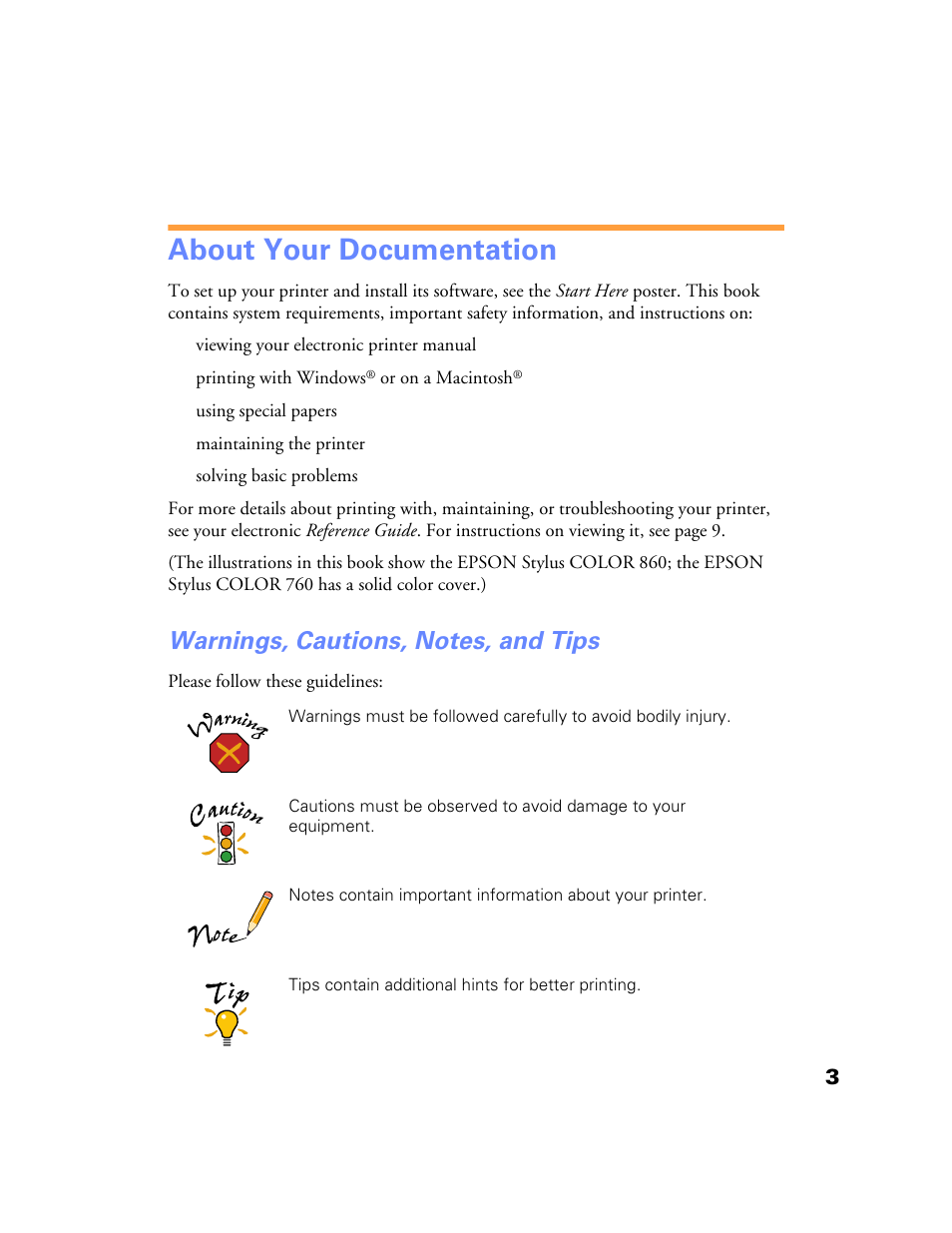 About your documentation, Warnings, cautions, notes, and tips | Epson Stylus Color 760/860 User Manual | Page 9 / 74