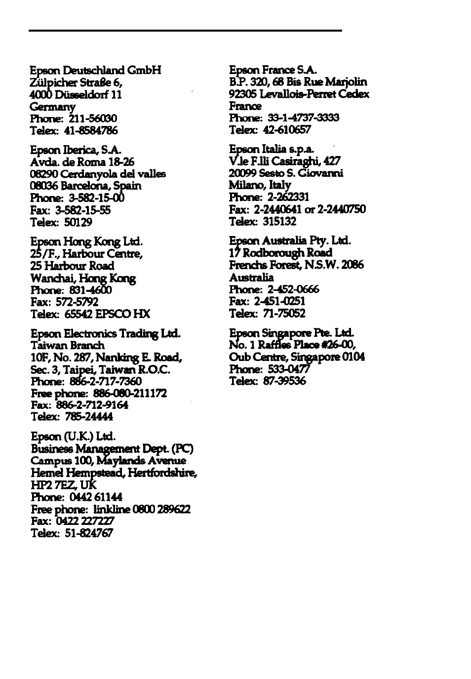 Epson international marketing locations | Epson 500 Series User Manual | Page 119 / 121