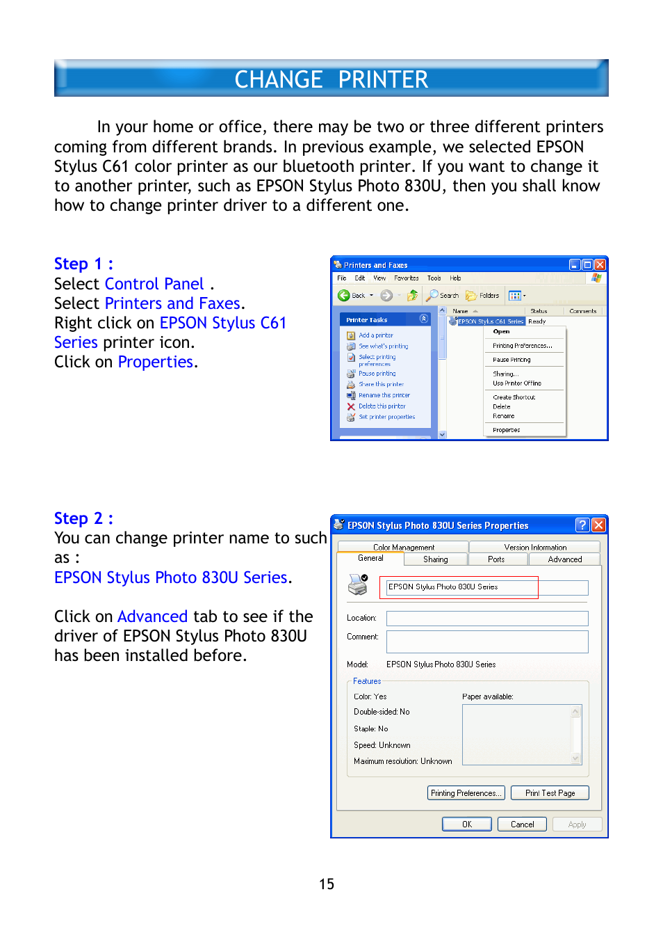 Change printer | Epson BT-0260 User Manual | Page 18 / 36