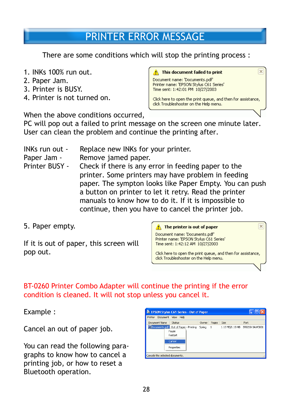 Printer error message | Epson BT-0260 User Manual | Page 31 / 36