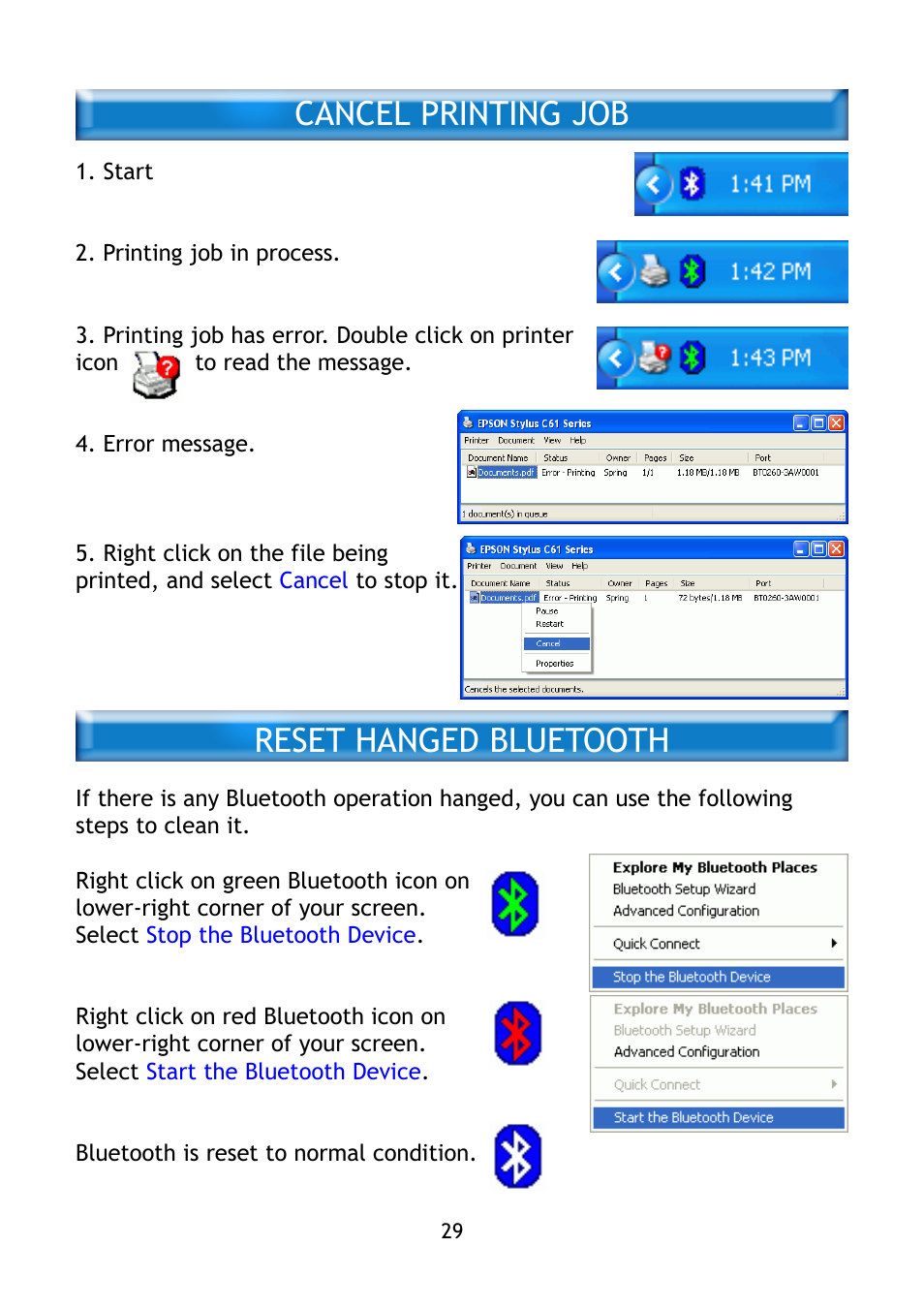 Cancel printing job, Reset hanged bluetooth | Epson BT-0260 User Manual | Page 32 / 36