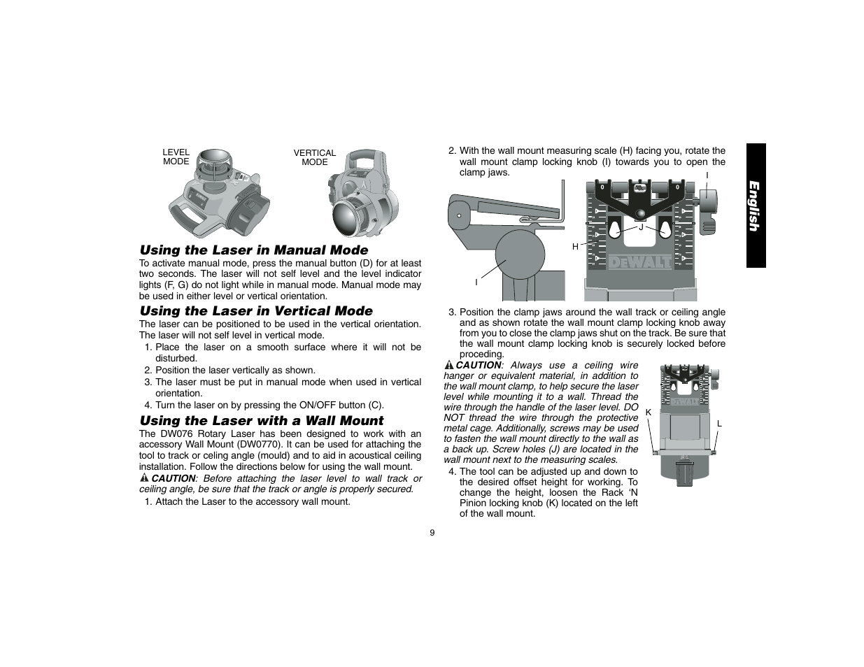 English, Using the laser in manual mode, Using the laser in vertical mode | Using the laser with a wall mount | Epson DW076 User Manual | Page 11 / 52