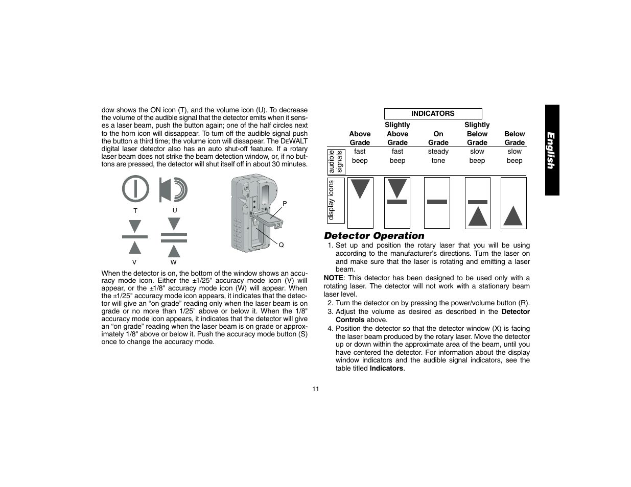 English, Detector operation | Epson DW076 User Manual | Page 13 / 52