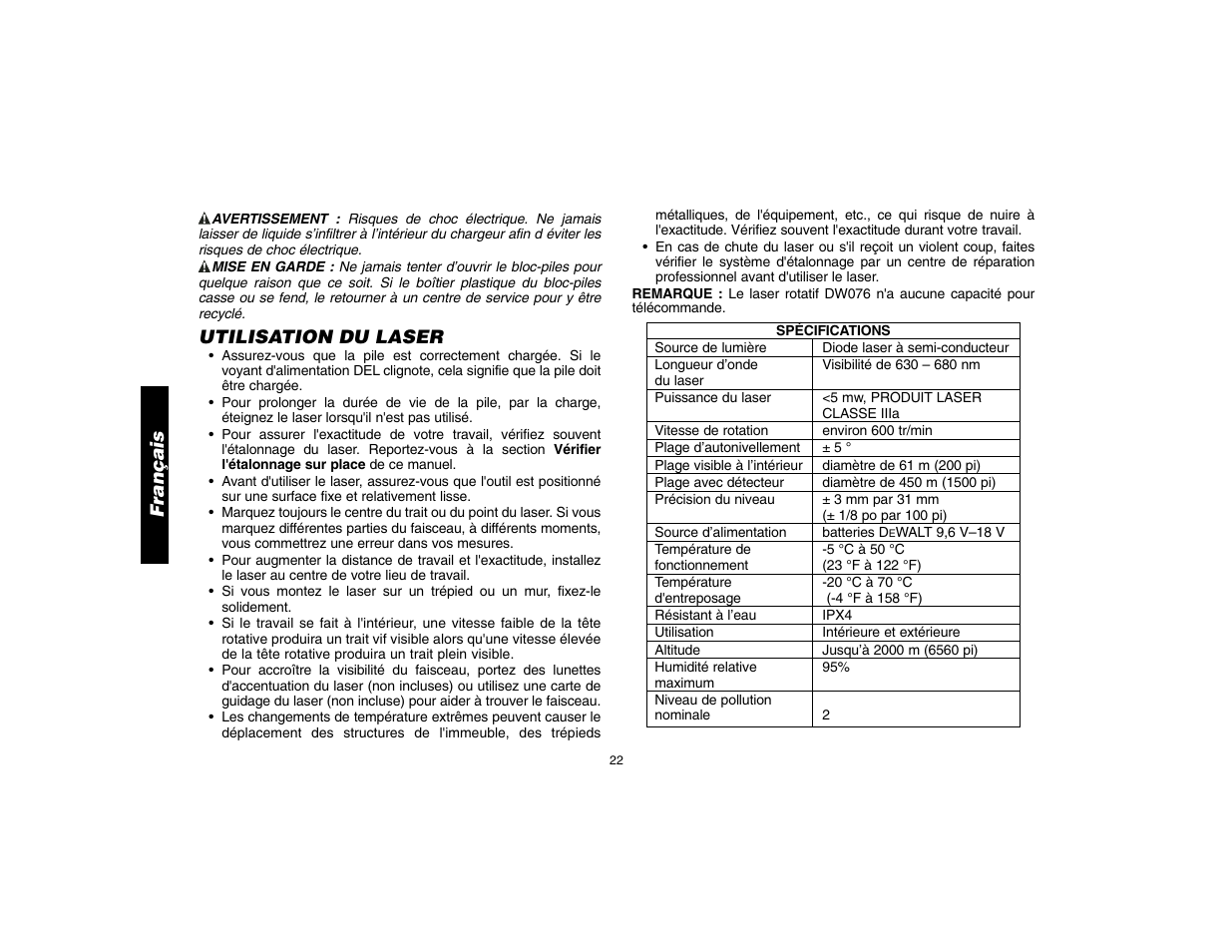 Français, Utilisation du laser | Epson DW076 User Manual | Page 24 / 52